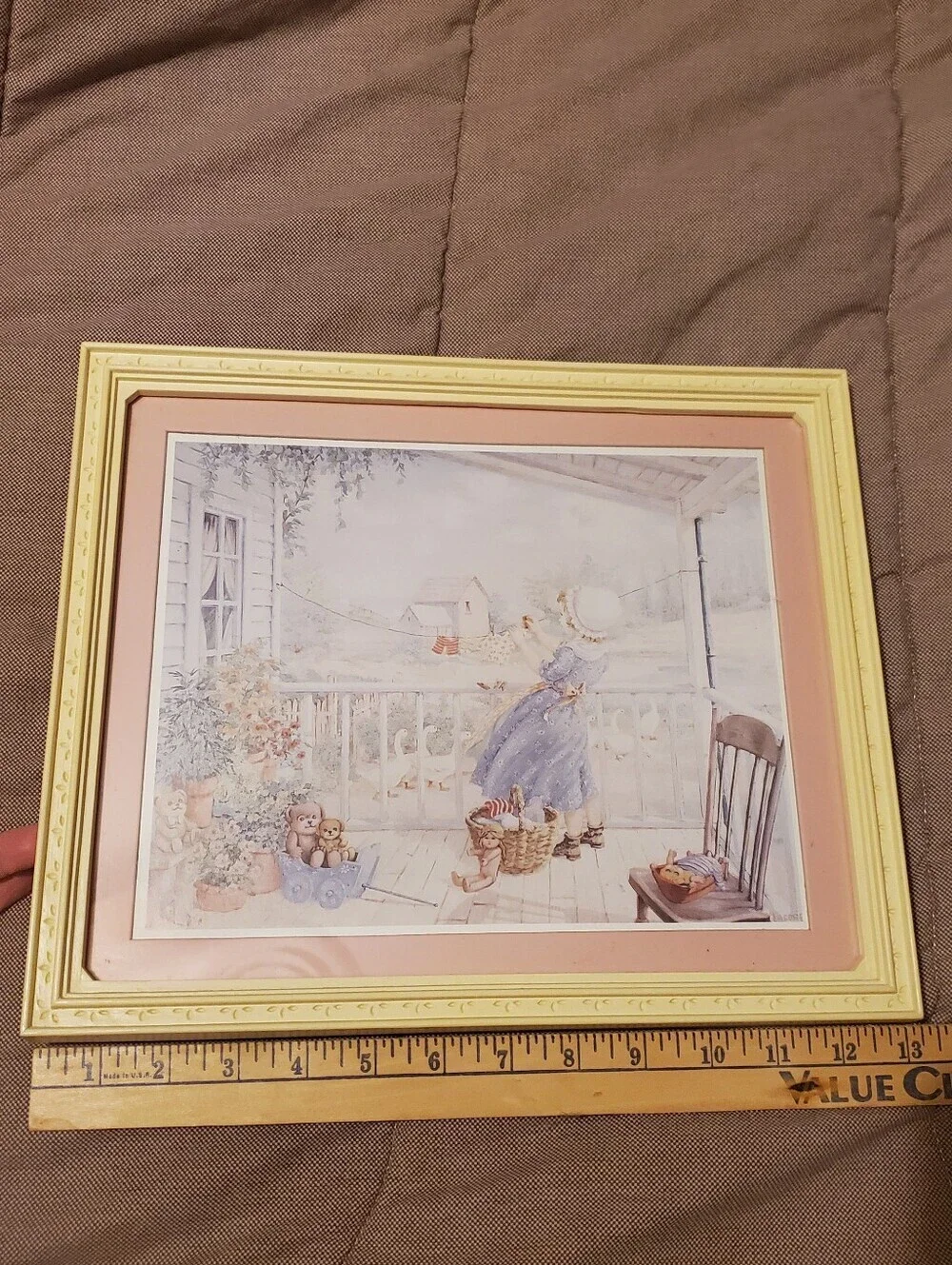 Vintage Laforet Framed Picture of Little Girl Hanging Doll Clothes Home Interior
